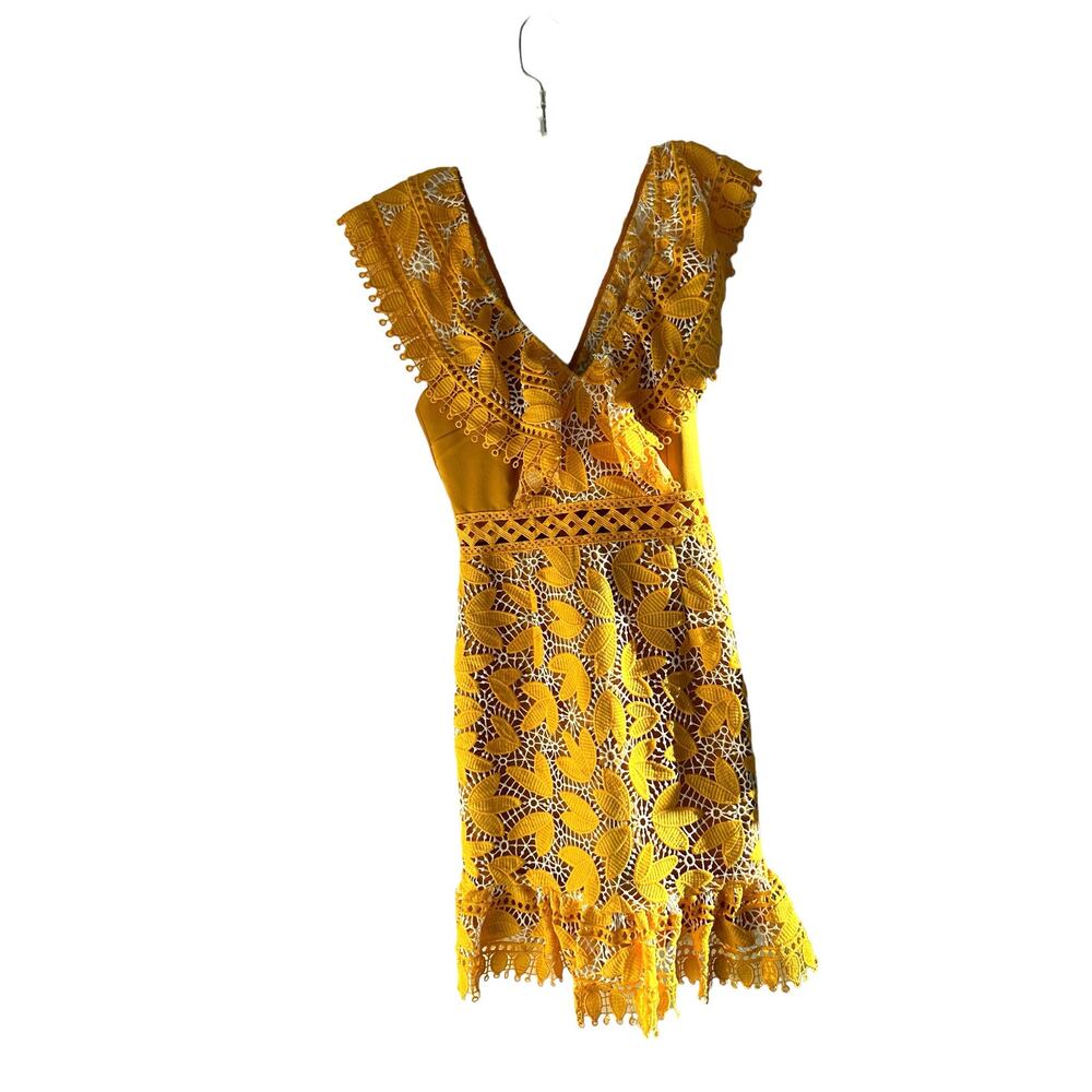 Aijek Yellow Marianna Eyelet Party Lace Embroidered Ruffle Mini Dress Size‎ 2